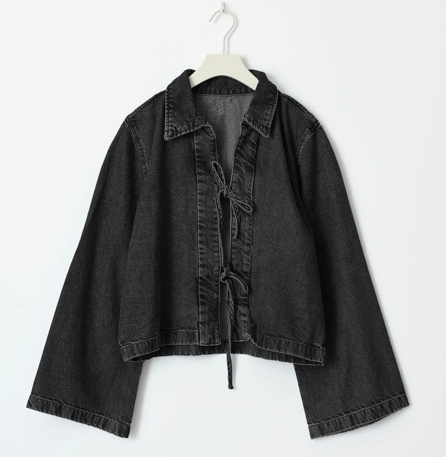 Woman Casual Open Front Denim Jacket Long Sleeves Tie Up Jeans Shirt Vintage Lapel Neck Lightweight Denim Coat