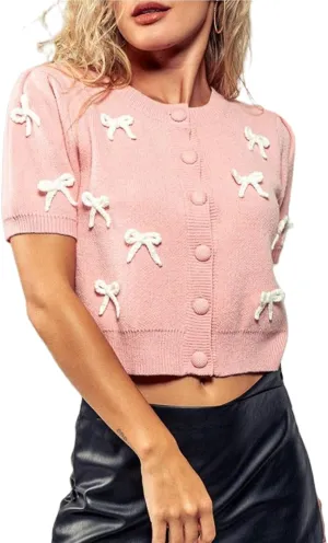 Womans Bow Cropped Sweaters Cardigan Y2K Short Sleeve Button Down Knit Sweater Pullover Cute Valentine's Day Sweater
