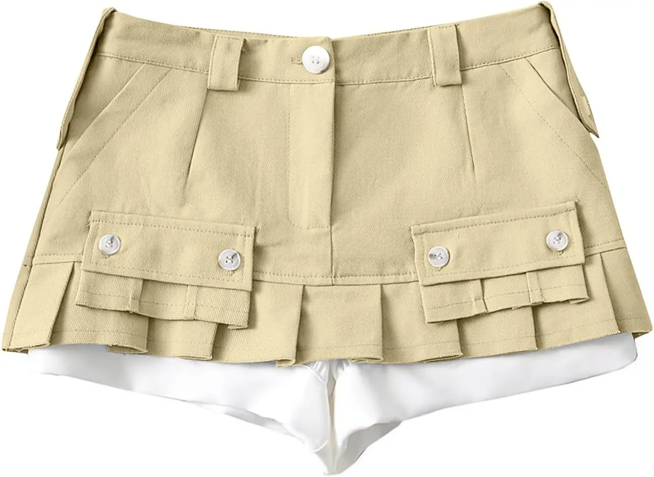 Women A Line Mini Denim Shorts Fashion Summer Casual Solid High Waisted Pleated Ruffle Hem Jean Short Lining Skirt