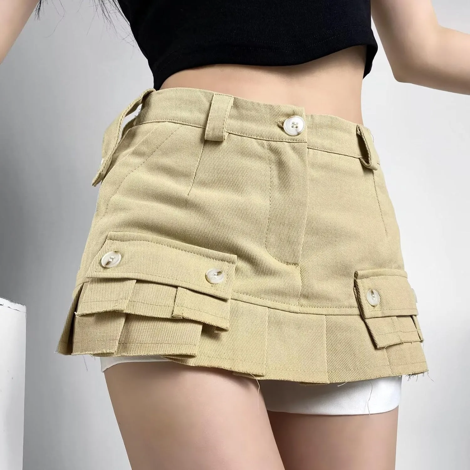 Women A Line Mini Denim Shorts Fashion Summer Casual Solid High Waisted Pleated Ruffle Hem Jean Short Lining Skirt