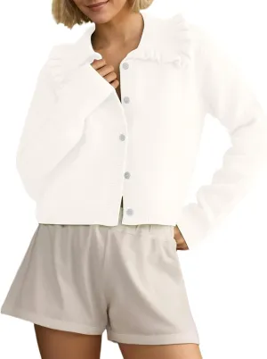 Women Button Dwon Long Sleebe Ruffle Lapel Solid Loose Sweater Cardigan Open Front Knit Cardigans Jacket