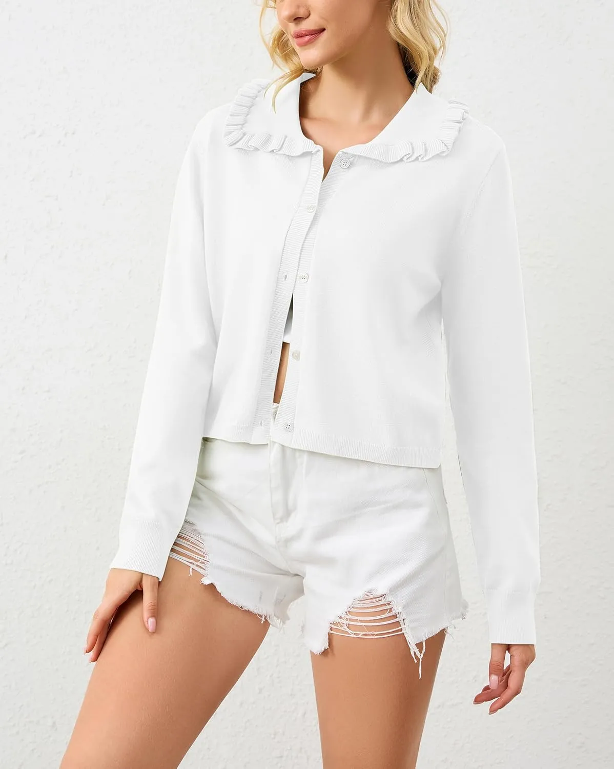 Women Button Dwon Long Sleebe Ruffle Lapel Solid Loose Sweater Cardigan Open Front Knit Cardigans Jacket