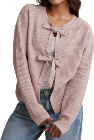 Women Casual Open Front Bow Tie Up Cardigan Sweater Jacket Round Neck Long Sleeve Crop Rib Knit Tops Fall Clothes