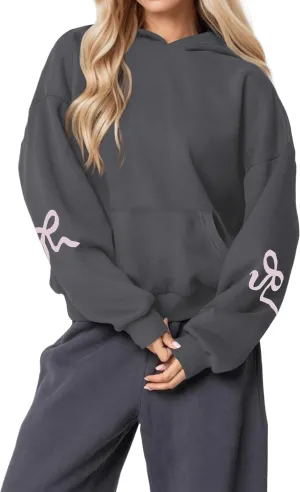 Women Cute Bow Hoodie Graphic Print Oversized Hooded Sweatshirts Long Sleeve Fleece Pullover Hoodie Tops with Pocket