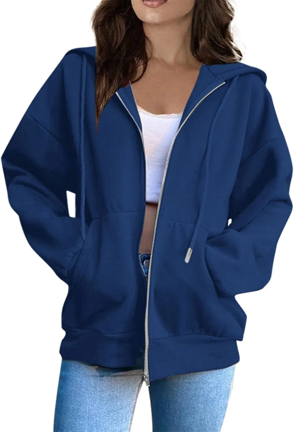 Women Fleece Full Zip Up Hoodie Baggy Drawstring Zipper Sweatshirt Jacket Lightweight Comfy Fall Winter Outfits Coats