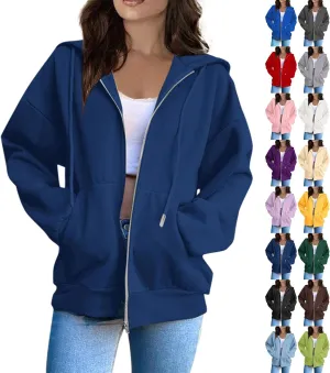 Women Fleece Full Zip Up Hoodie Baggy Drawstring Zipper Sweatshirt Jacket Lightweight Comfy Fall Winter Outfits Coats