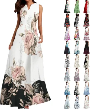 Women Floral Print Maxi Dresses Sleeveless V Neck Dress Casual Flowy Beach Long Sundress 2025 Summer Vacation Outfits
