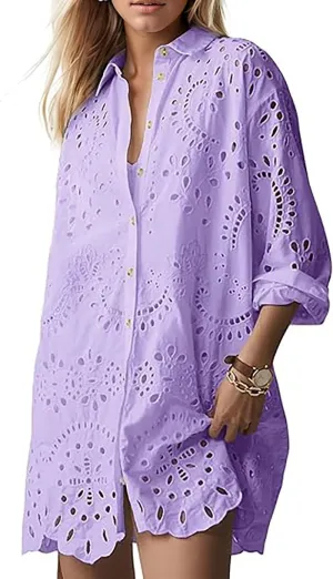 Women Hollow Out Eyelet Button Down Lapel V Neck Long Sleeve Ruffle Flowy Solid Oversized Loose Mini Shirt Dress