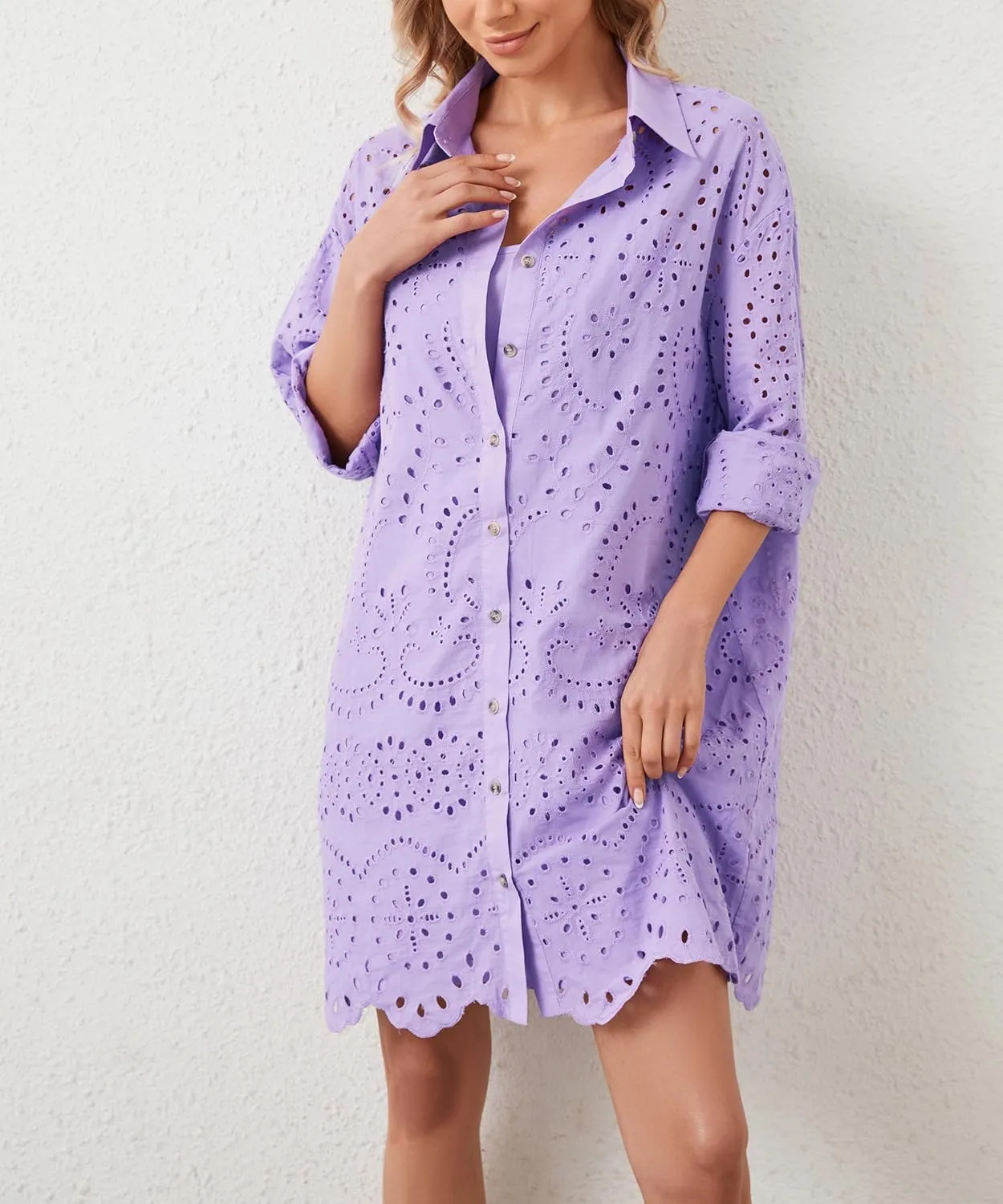 Women Hollow Out Eyelet Button Down Lapel V Neck Long Sleeve Ruffle Flowy Solid Oversized Loose Mini Shirt Dress