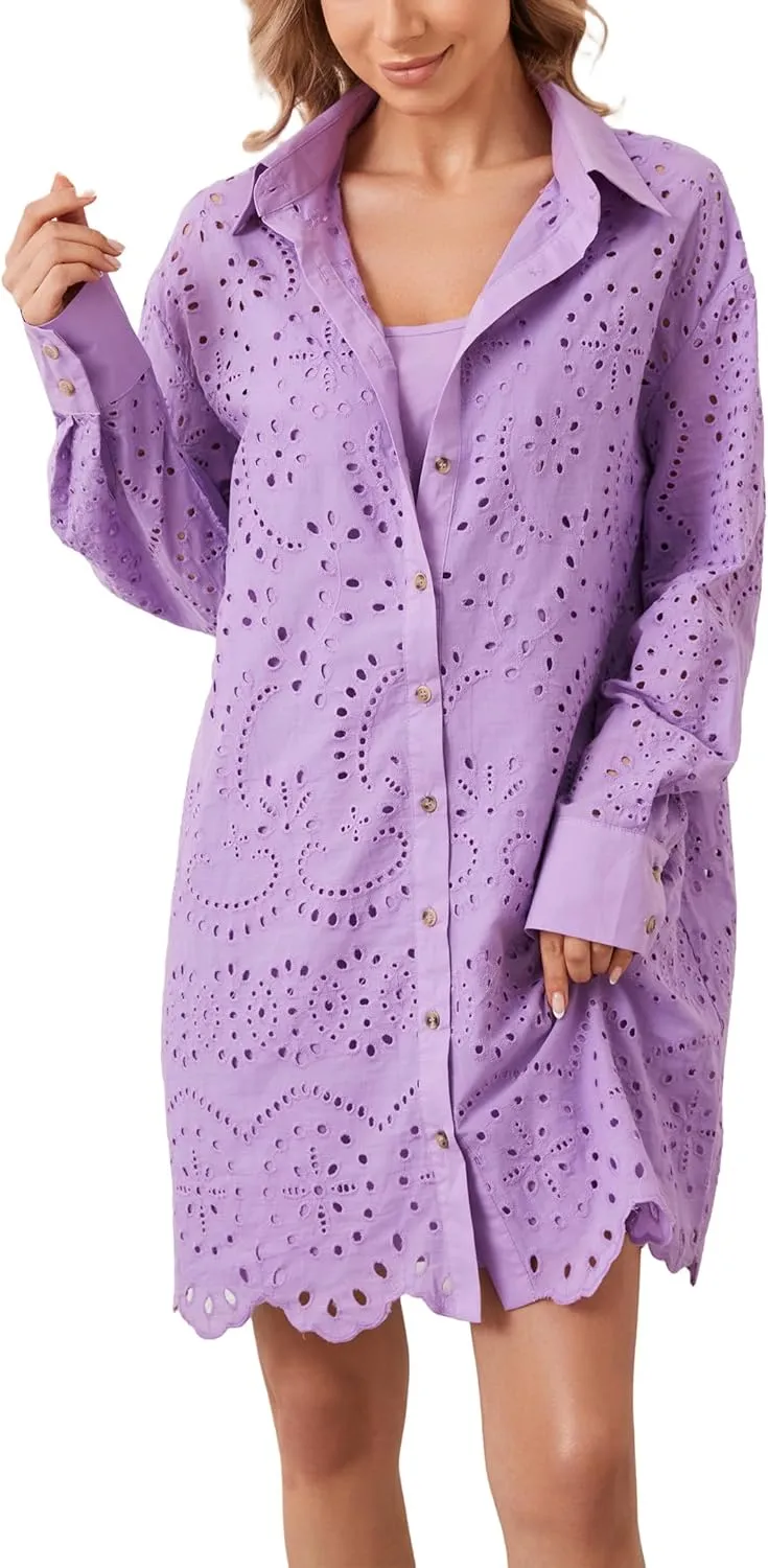 Women Hollow Out Eyelet Button Down Lapel V Neck Long Sleeve Ruffle Flowy Solid Oversized Loose Mini Shirt Dress