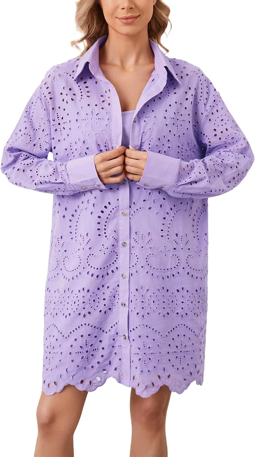 Women Hollow Out Eyelet Button Down Lapel V Neck Long Sleeve Ruffle Flowy Solid Oversized Loose Mini Shirt Dress