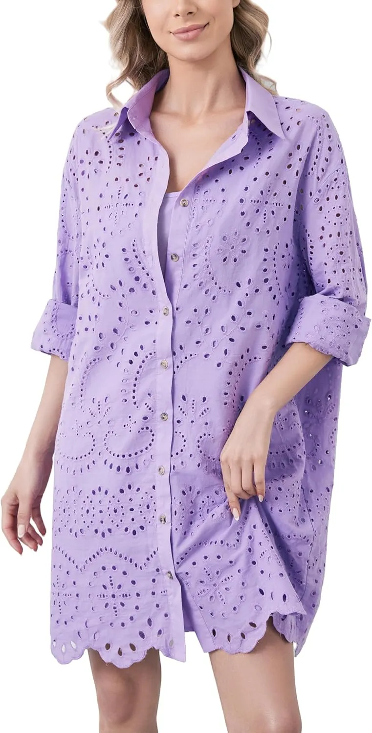 Women Hollow Out Eyelet Button Down Lapel V Neck Long Sleeve Ruffle Flowy Solid Oversized Loose Mini Shirt Dress