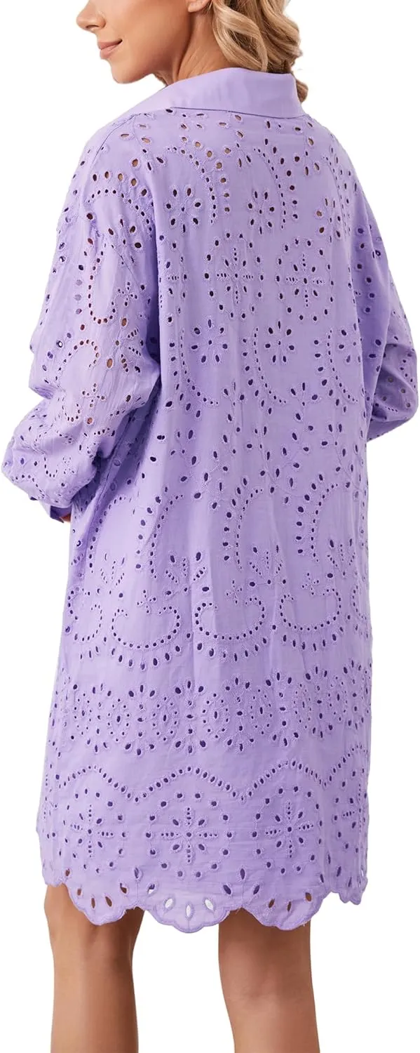 Women Hollow Out Eyelet Button Down Lapel V Neck Long Sleeve Ruffle Flowy Solid Oversized Loose Mini Shirt Dress