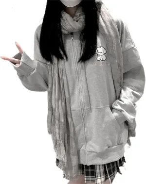 Women Kawaii Oversized Zip Up Hoodie Cute Cartoon Embroidery Casual Pullover Sweatshirt Harajuku Casual Streetwear