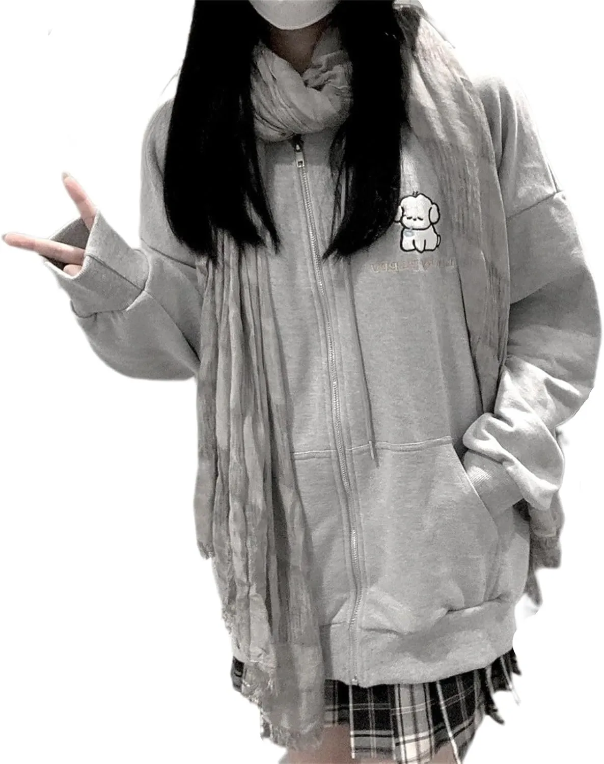 Women Kawaii Oversized Zip Up Hoodie Cute Cartoon Embroidery Casual Pullover Sweatshirt Harajuku Casual Streetwear