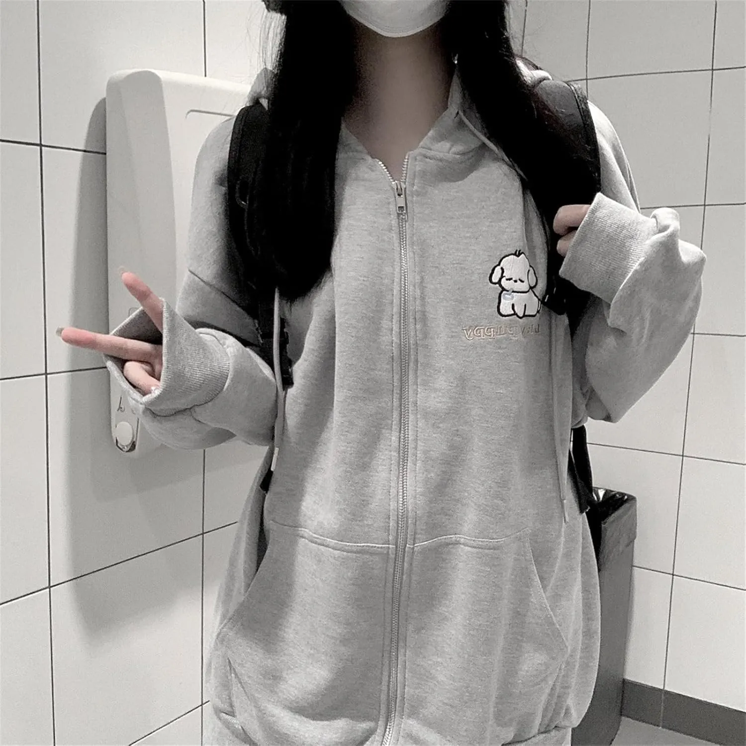 Women Kawaii Oversized Zip Up Hoodie Cute Cartoon Embroidery Casual Pullover Sweatshirt Harajuku Casual Streetwear