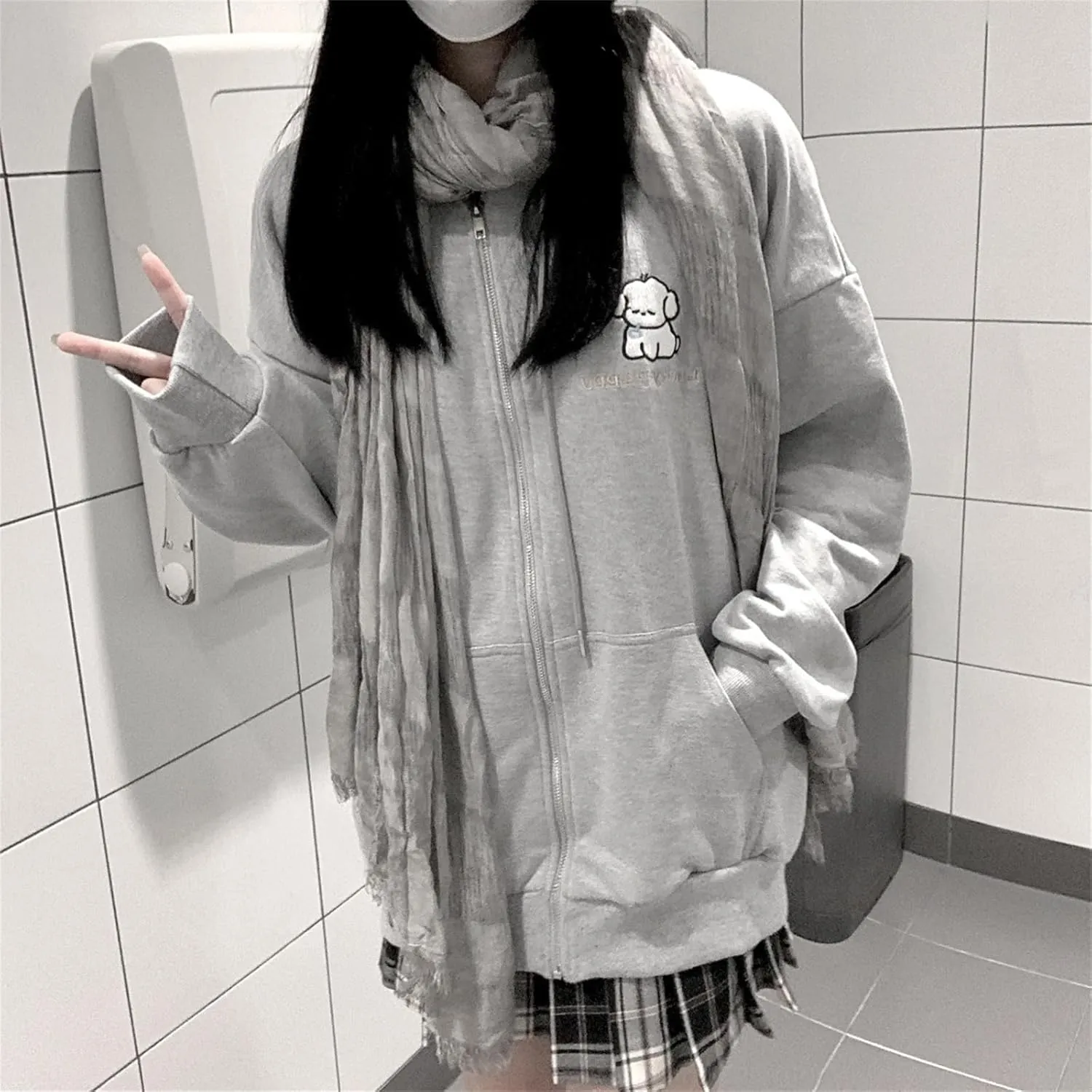 Women Kawaii Oversized Zip Up Hoodie Cute Cartoon Embroidery Casual Pullover Sweatshirt Harajuku Casual Streetwear