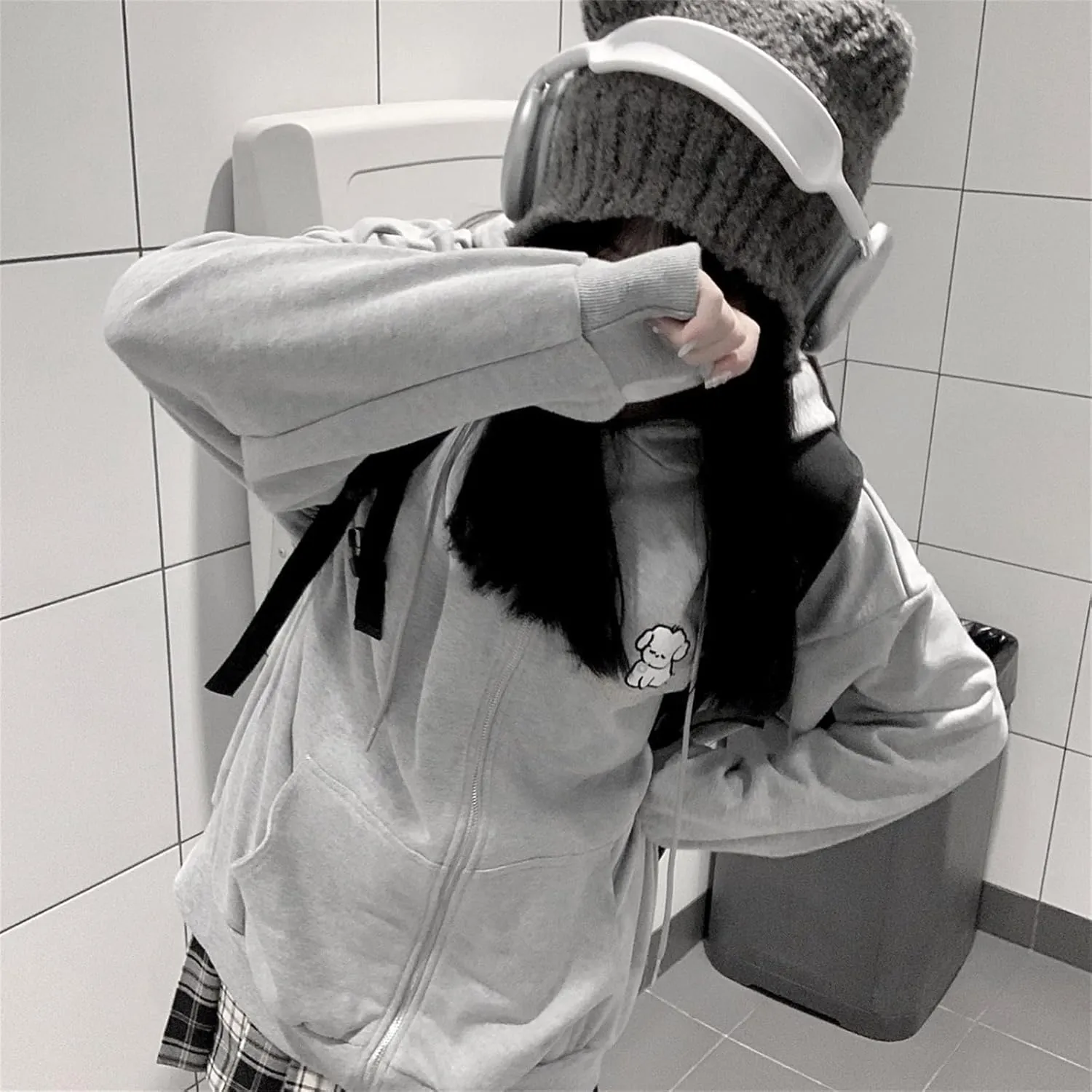 Women Kawaii Oversized Zip Up Hoodie Cute Cartoon Embroidery Casual Pullover Sweatshirt Harajuku Casual Streetwear