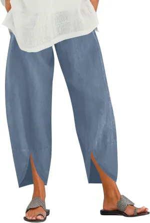 Women Linen Summer Palazzo Pant Trousers Low Waist Ankle Length Slim-Fit Palazzo Lounge Pants Beach