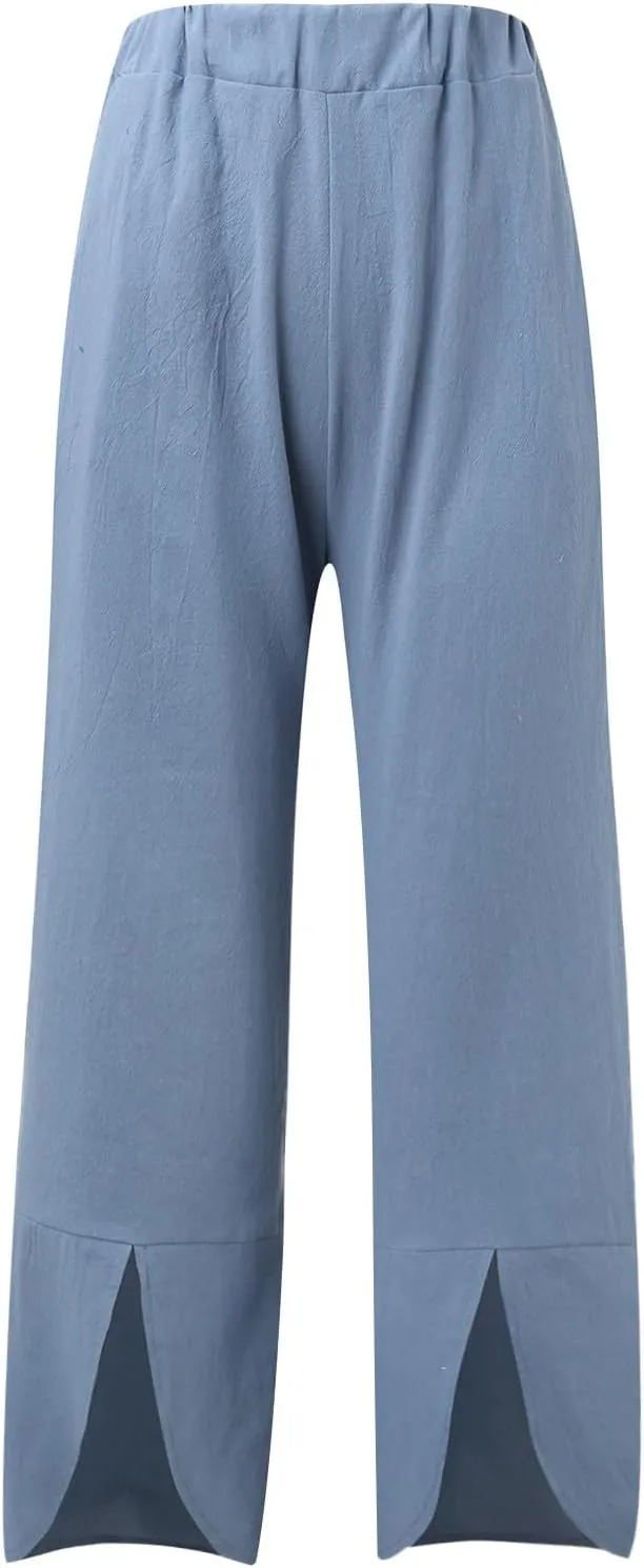 Women Linen Summer Palazzo Pant Trousers Low Waist Ankle Length Slim-Fit Palazzo Lounge Pants Beach