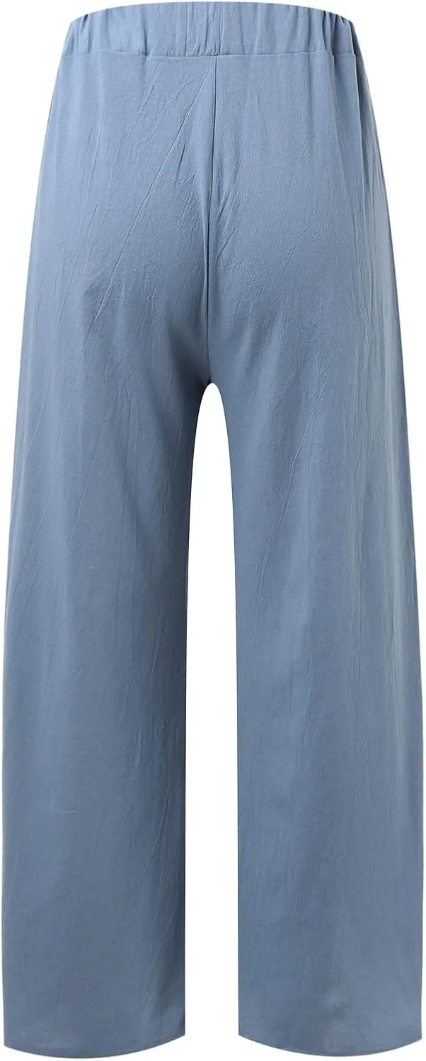 Women Linen Summer Palazzo Pant Trousers Low Waist Ankle Length Slim-Fit Palazzo Lounge Pants Beach