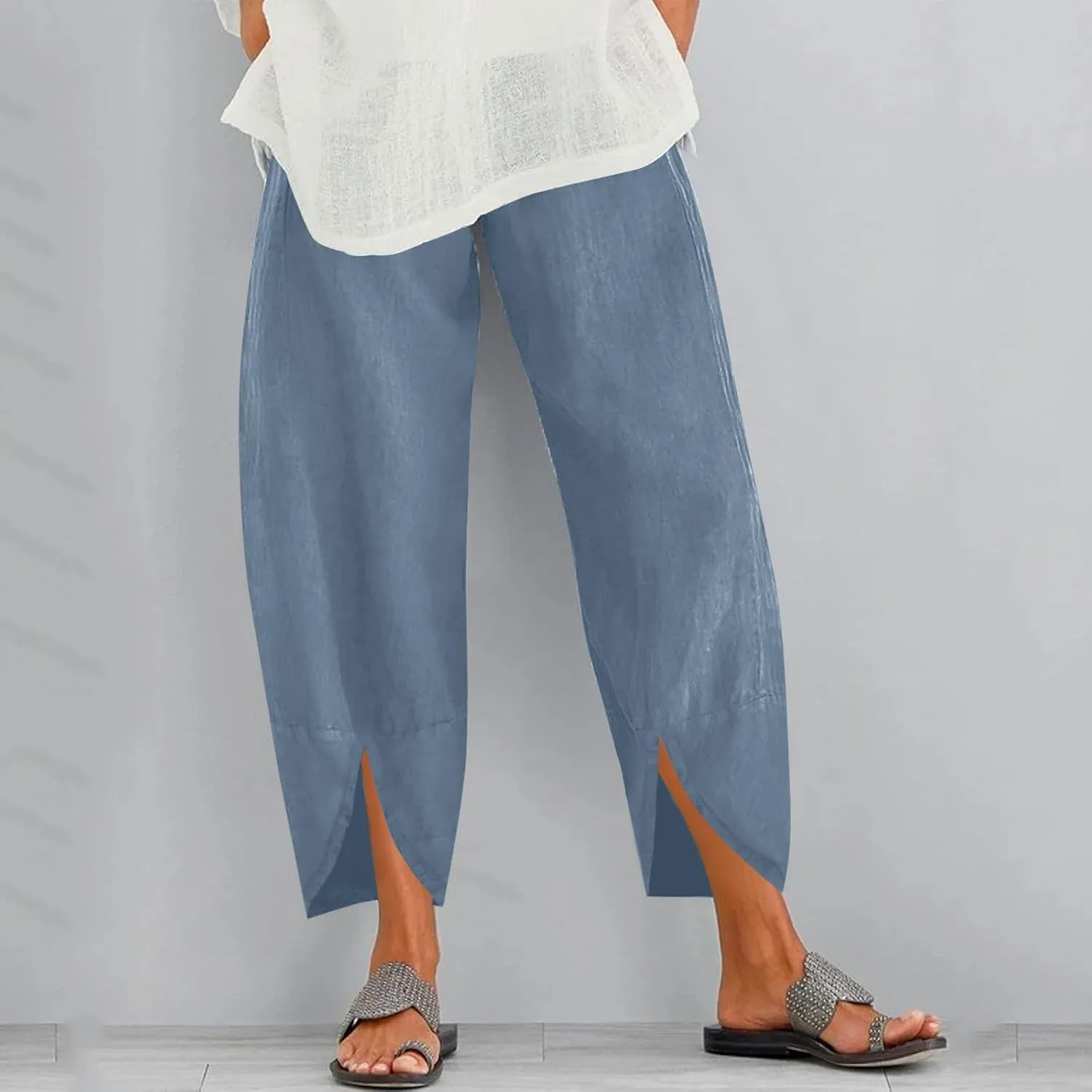 Women Linen Summer Palazzo Pant Trousers Low Waist Ankle Length Slim-Fit Palazzo Lounge Pants Beach