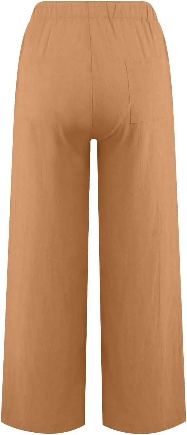 Women Linen Summer Y2K Fashion Pants Elastic Waist Wide Leg Loose Fit Palazzo Pants Office