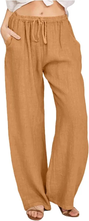 Women Linen Summer Y2K Fashion Pants Elastic Waist Wide Leg Loose Fit Palazzo Pants Office