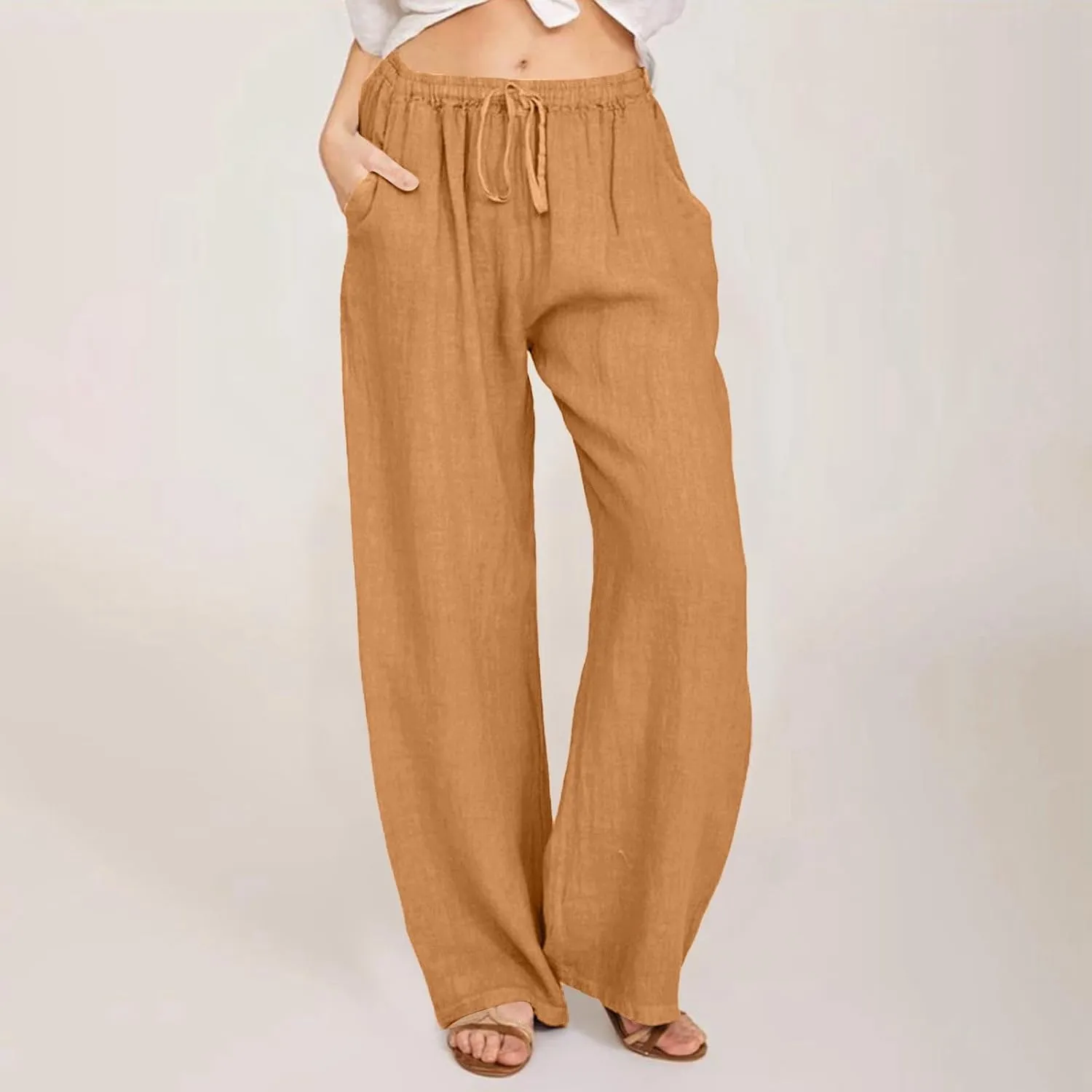 Women Linen Summer Y2K Fashion Pants Elastic Waist Wide Leg Loose Fit Palazzo Pants Office