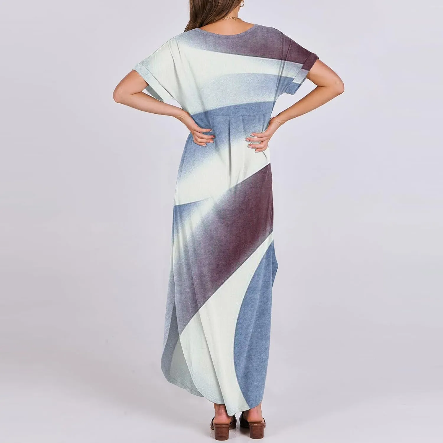 Women Maxi Dresses Summer Short Sleeve Crewneck Split Hem T Shirt Dress with Pocket Solid Vacation Party Dresses