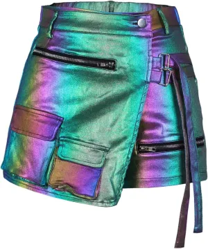 Women Metallic Cargo Leather Shorts Metallic High Waisted Irregular Split Sexy Rave Asymmetrical Streetwear Skorts