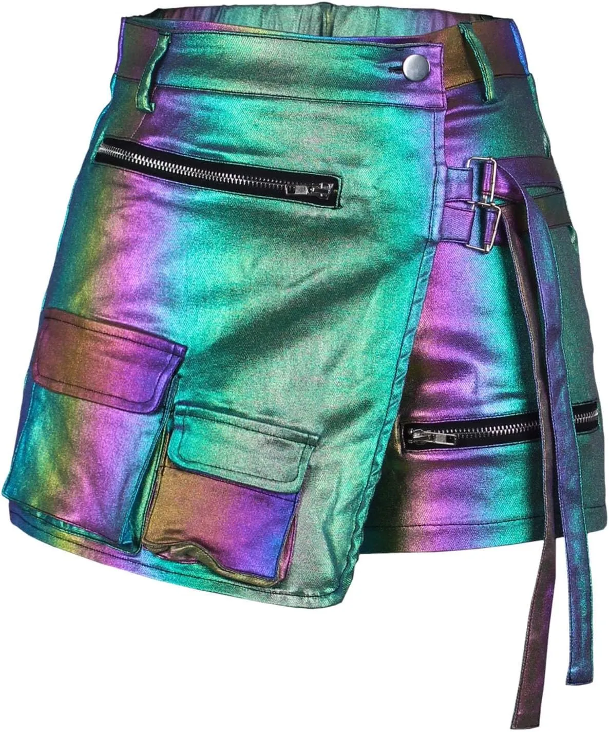 Women Metallic Cargo Leather Shorts Metallic High Waisted Irregular Split Sexy Rave Asymmetrical Streetwear Skorts