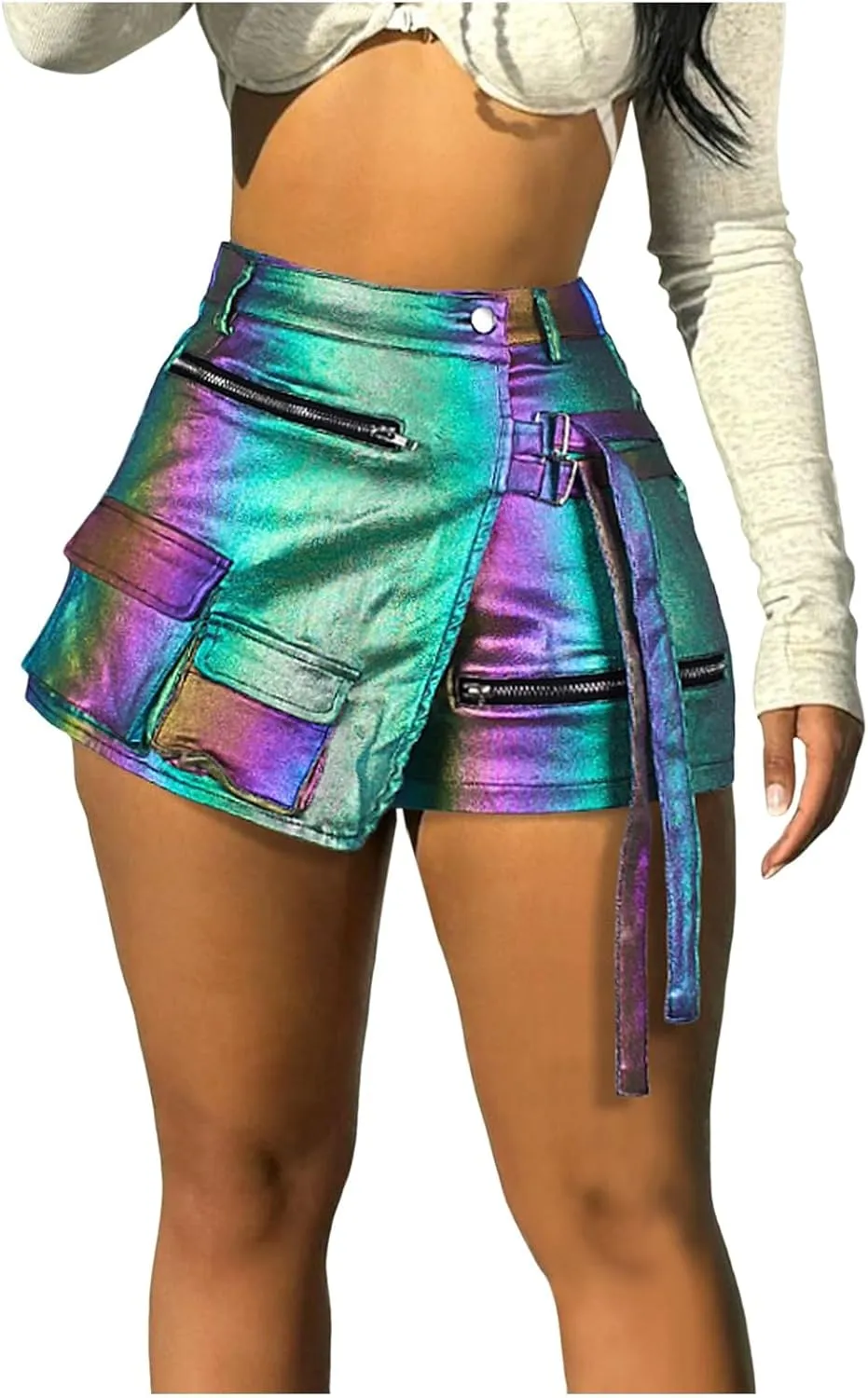 Women Metallic Cargo Leather Shorts Metallic High Waisted Irregular Split Sexy Rave Asymmetrical Streetwear Skorts