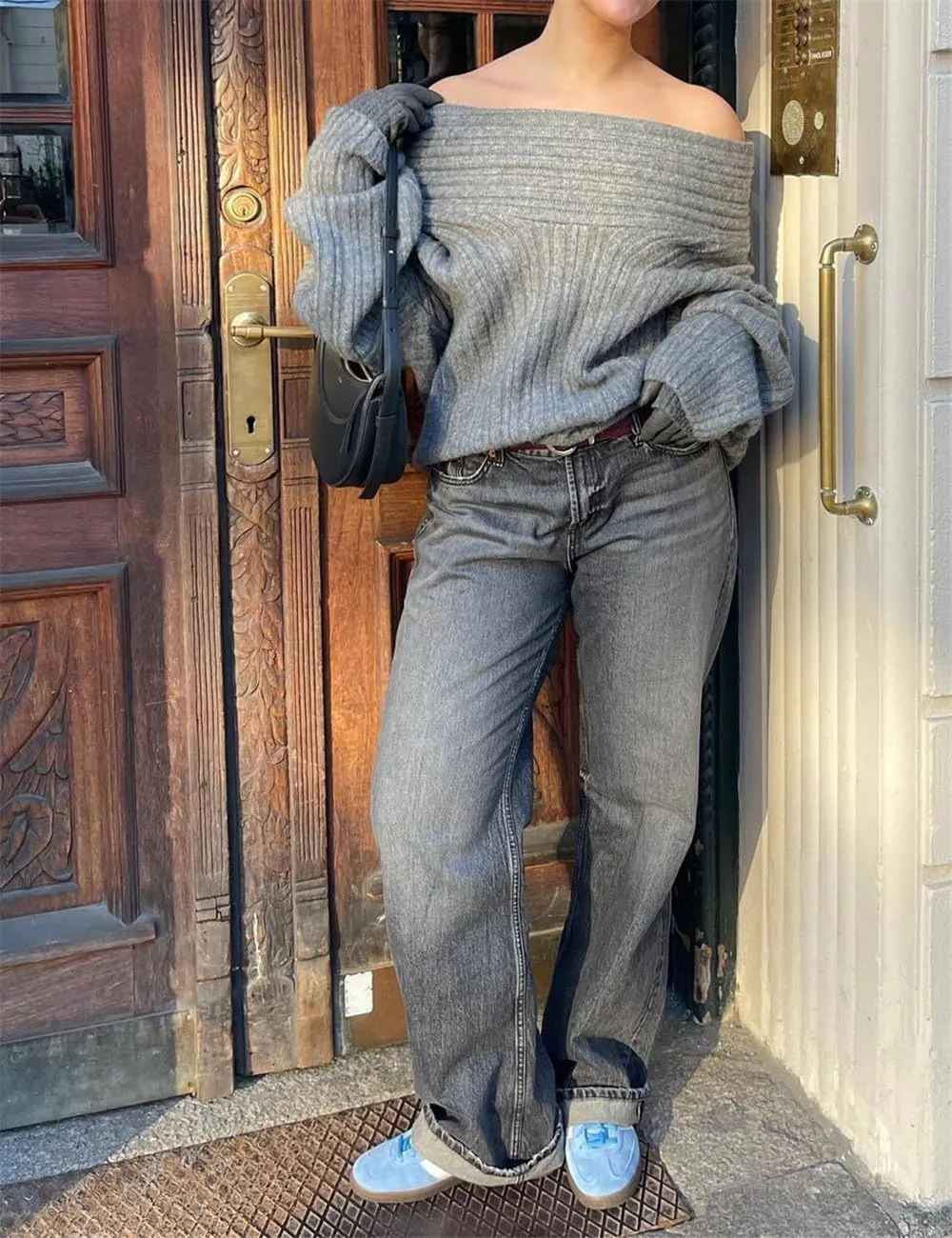 Women Off Shoulder Batwing Sleeve Oversized Chunky Sweaters (Free Size)