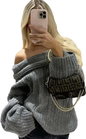 Women Off Shoulder Batwing Sleeve Oversized Chunky Sweaters (Free Size)
