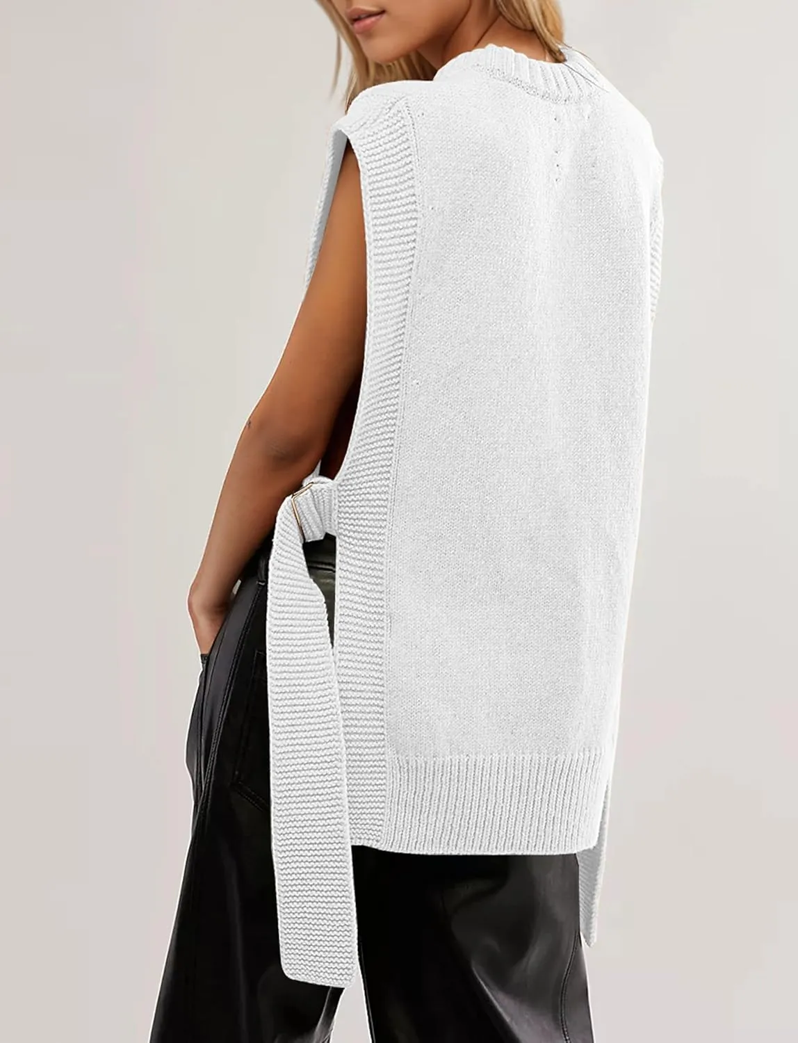 Women Oversized Crew Neck Sleeveless Sweater Vest Top High Low Hem Tie Up Knitted Pullover Tank Tops