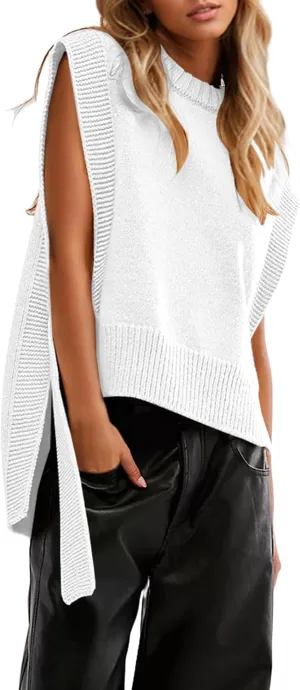Women Oversized Crew Neck Sleeveless Sweater Vest Top High Low Hem Tie Up Knitted Pullover Tank Tops