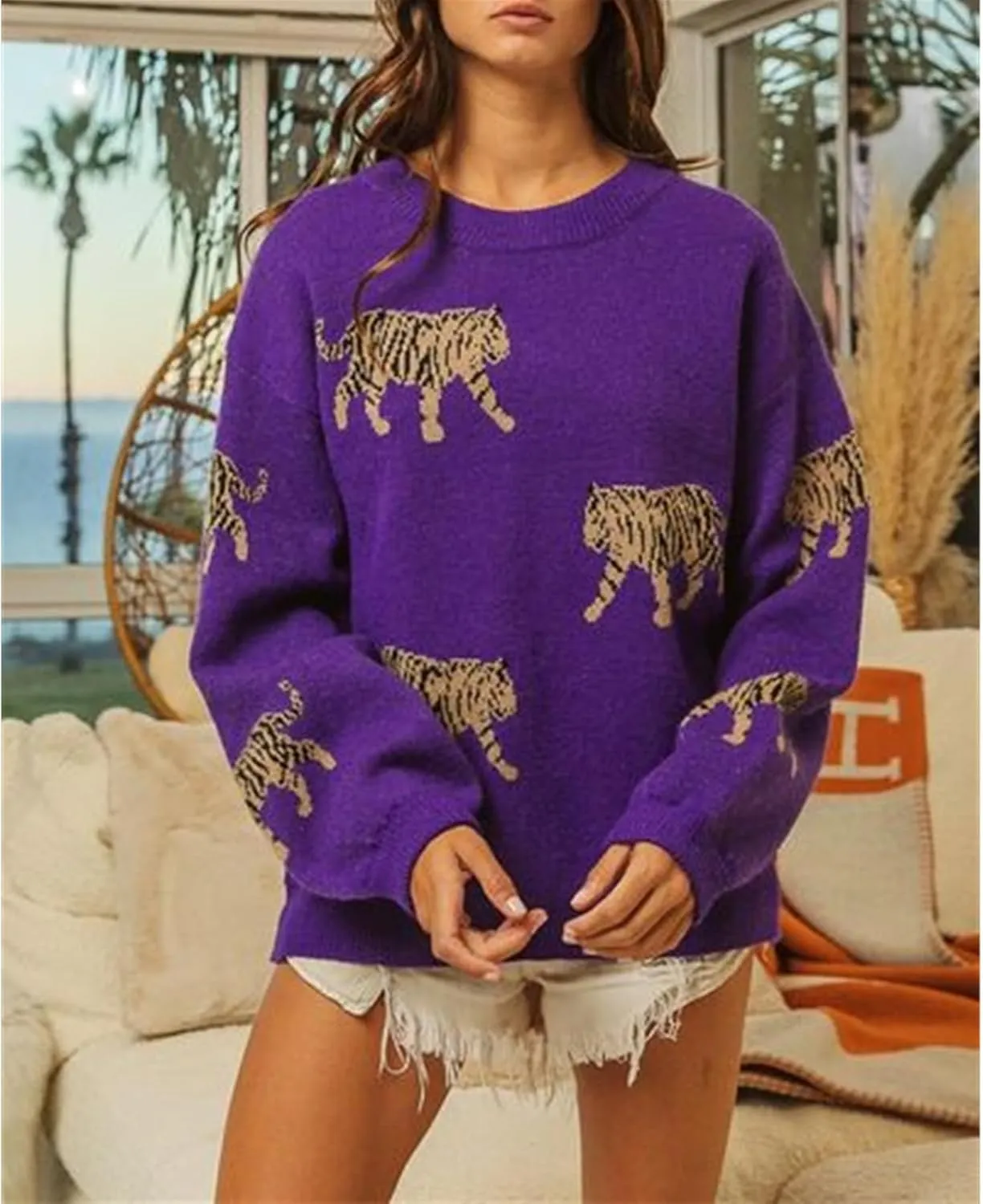 Women Oversized Knit Sweater Tiger Print Long Sleeve Pullover Tops Aesthetic Clothes Streetwear Knitwear