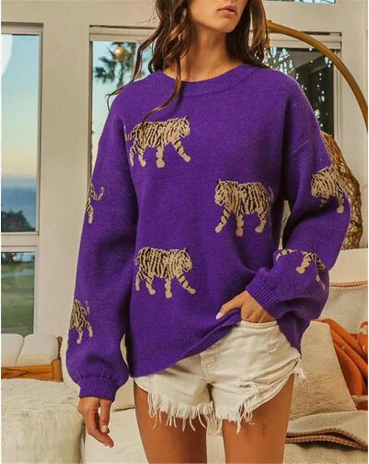 Women Oversized Knit Sweater Tiger Print Long Sleeve Pullover Tops Aesthetic Clothes Streetwear Knitwear