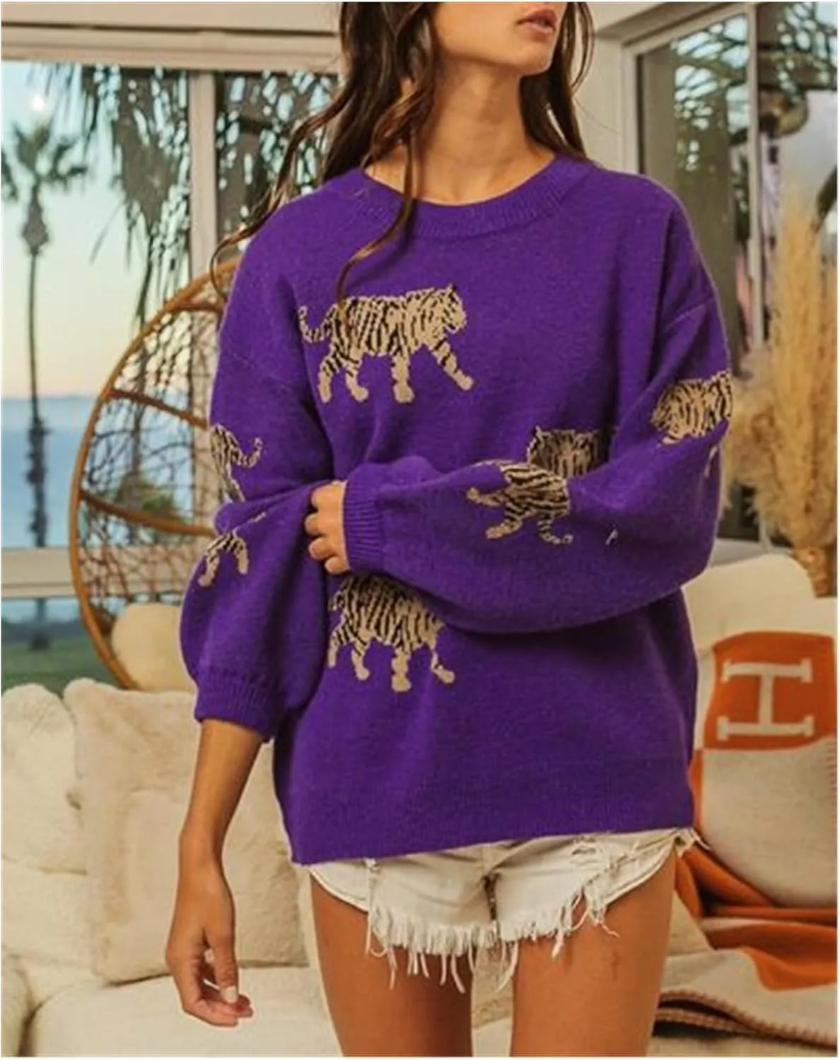 Women Oversized Knit Sweater Tiger Print Long Sleeve Pullover Tops Aesthetic Clothes Streetwear Knitwear