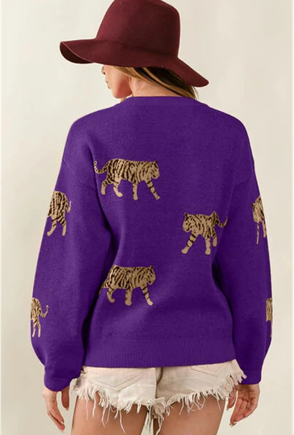 Women Oversized Knit Sweater Tiger Print Long Sleeve Pullover Tops Aesthetic Clothes Streetwear Knitwear