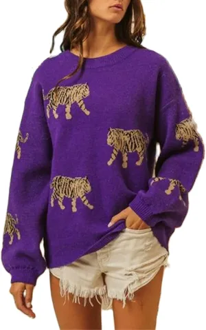 Women Oversized Knit Sweater Tiger Print Long Sleeve Pullover Tops Aesthetic Clothes Streetwear Knitwear