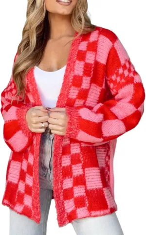 Women Oversized Plaid Cardigan Y2K Long Sleeve Checkered Open Front Knit Sweater Casual Loose Outwear Streetwear