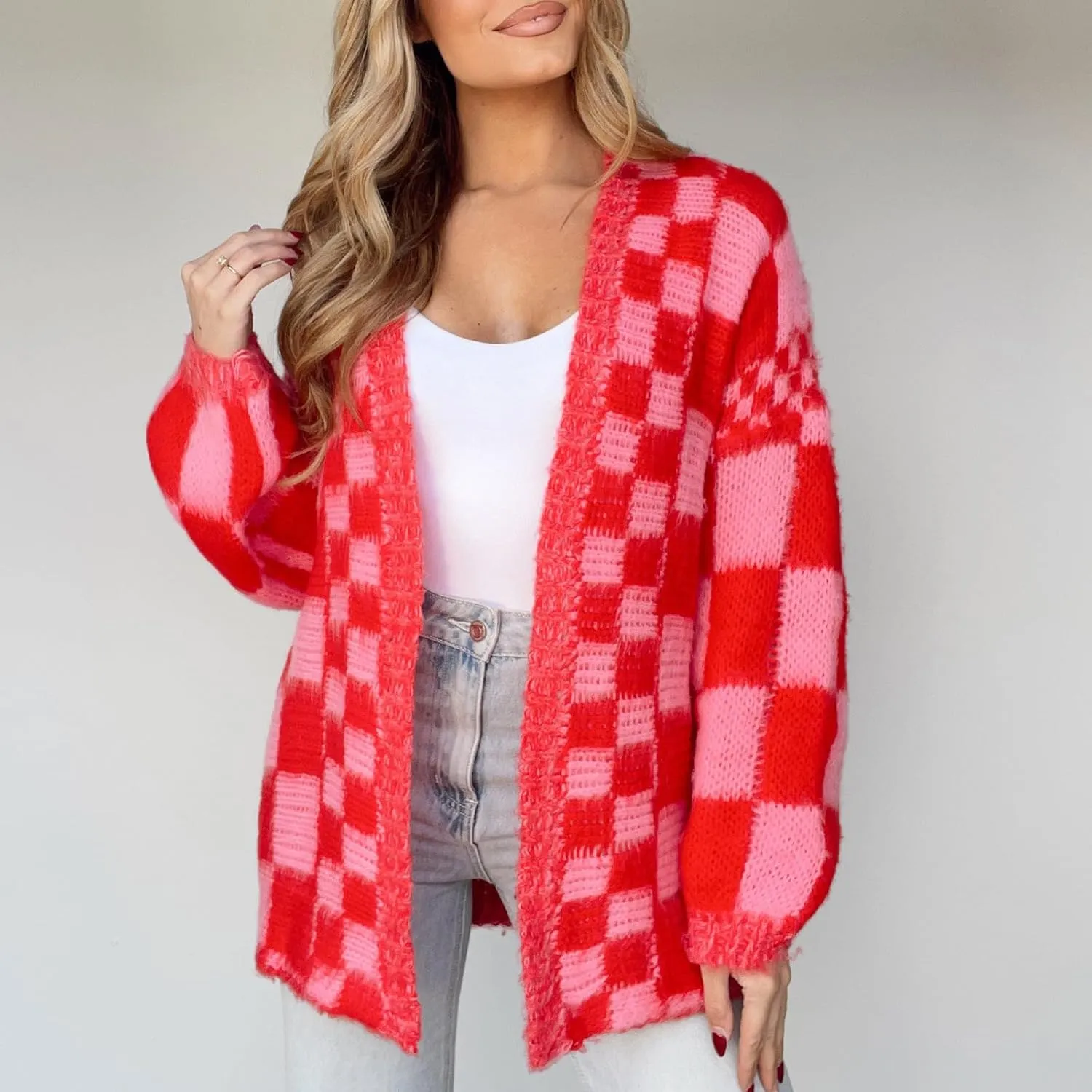 Women Oversized Plaid Cardigan Y2K Long Sleeve Checkered Open Front Knit Sweater Casual Loose Outwear Streetwear