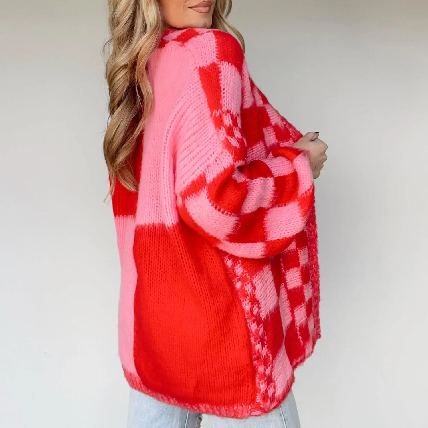 Women Oversized Plaid Cardigan Y2K Long Sleeve Checkered Open Front Knit Sweater Casual Loose Outwear Streetwear