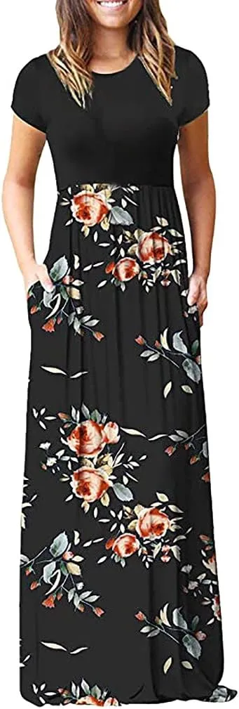 Women Plain Maxi Dresses 2025 Summer Short Sleeve Loose Casual Beach Long Dresses with Pockets