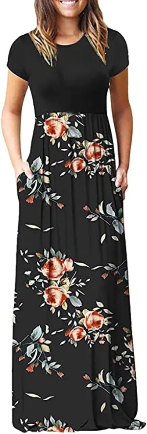 Women Plain Maxi Dresses 2025 Summer Short Sleeve Loose Casual Beach Long Dresses with Pockets