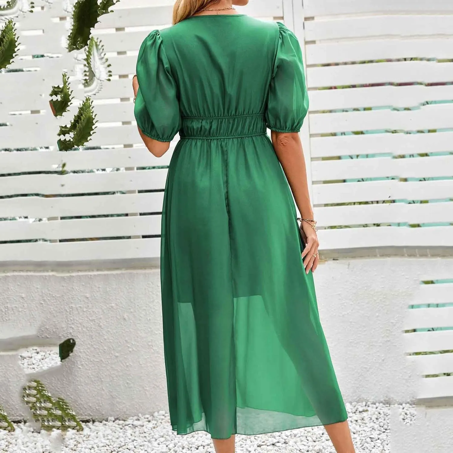 Women Puff Short Sleeve Chiffon Dress 2025 Summer V Neck Swing Boho Midi Dress Smocked Waist A Line Beach Sundress