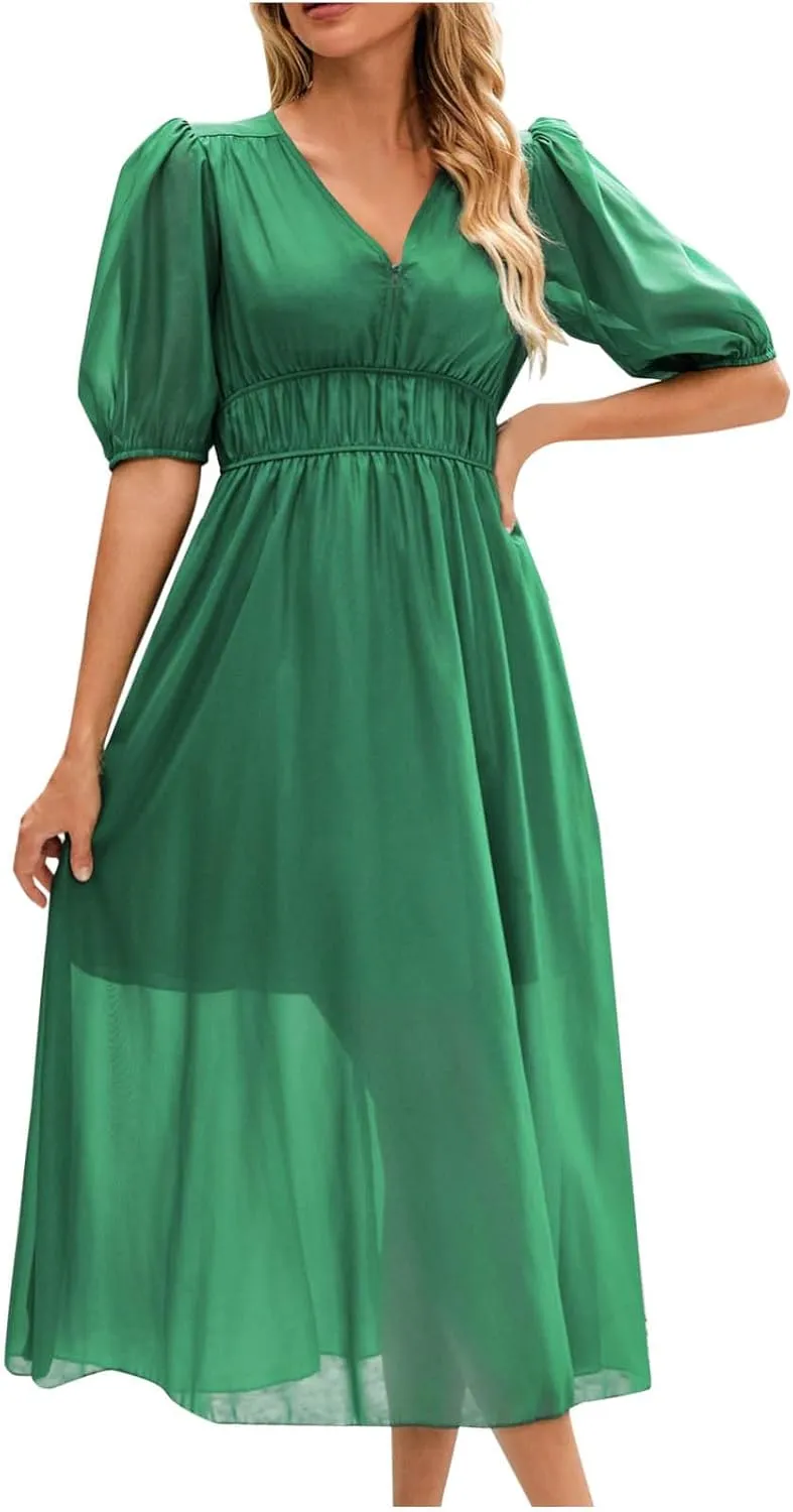 Women Puff Short Sleeve Chiffon Dress 2025 Summer V Neck Swing Boho Midi Dress Smocked Waist A Line Beach Sundress