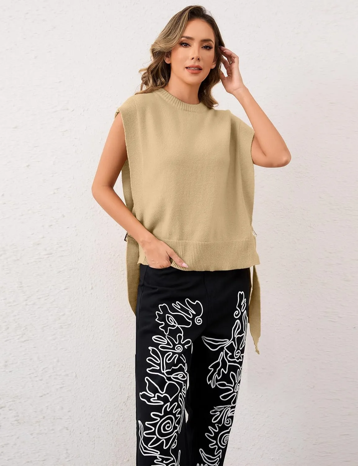 Women Round Neck Sleeveless Pullover Side Tie Sweater Vest Tops High Low Hem Knit Tank Tops Solid Loose Knitwear Vest